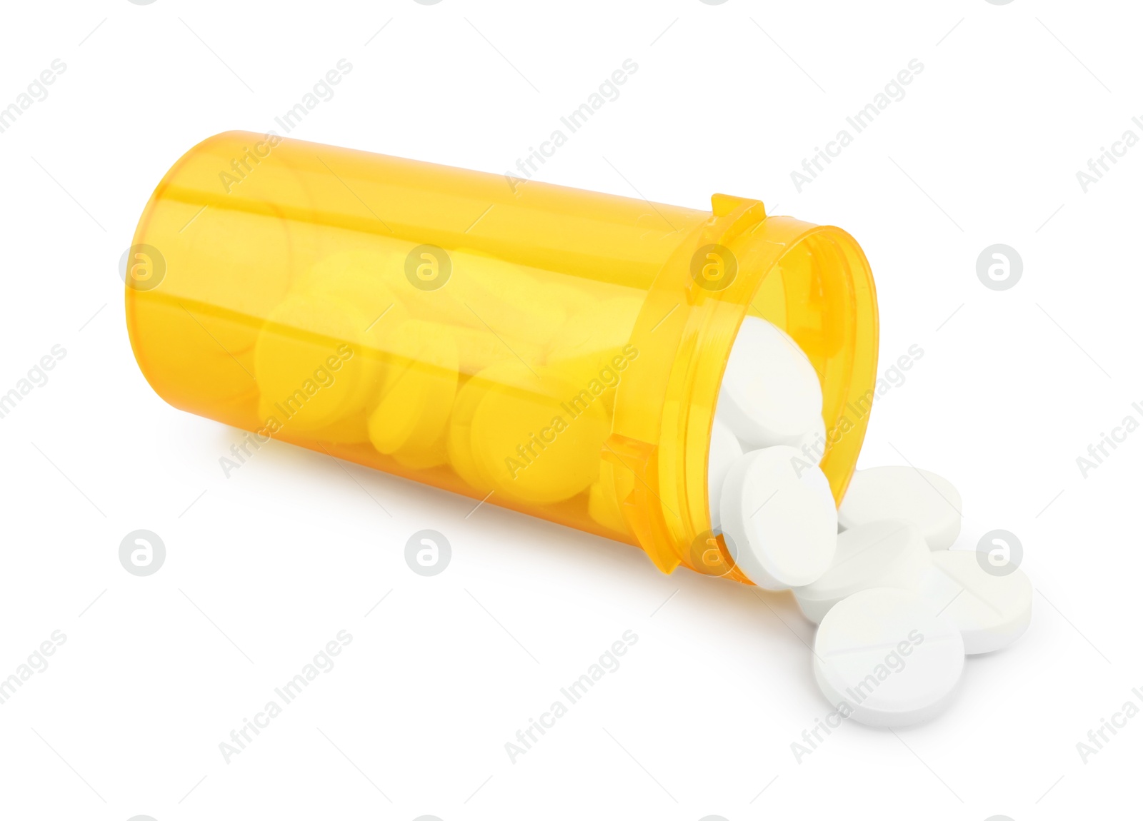 Photo of Antibiotic pills with medical bottle on white background