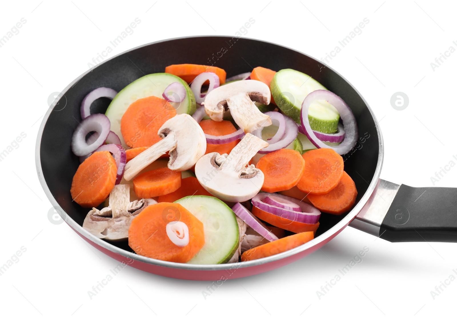 Photo of Frying pan with mix of fresh vegetables and mushrooms isolated on white