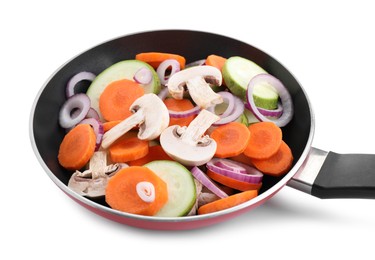 Photo of Frying pan with mix of fresh vegetables and mushrooms isolated on white