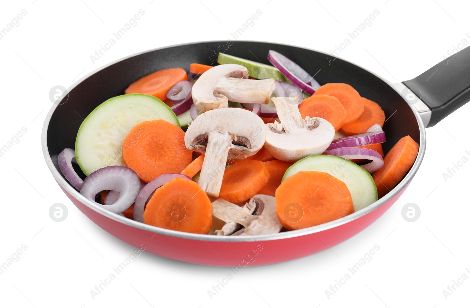 Photo of Frying pan with mix of fresh vegetables and mushrooms isolated on white