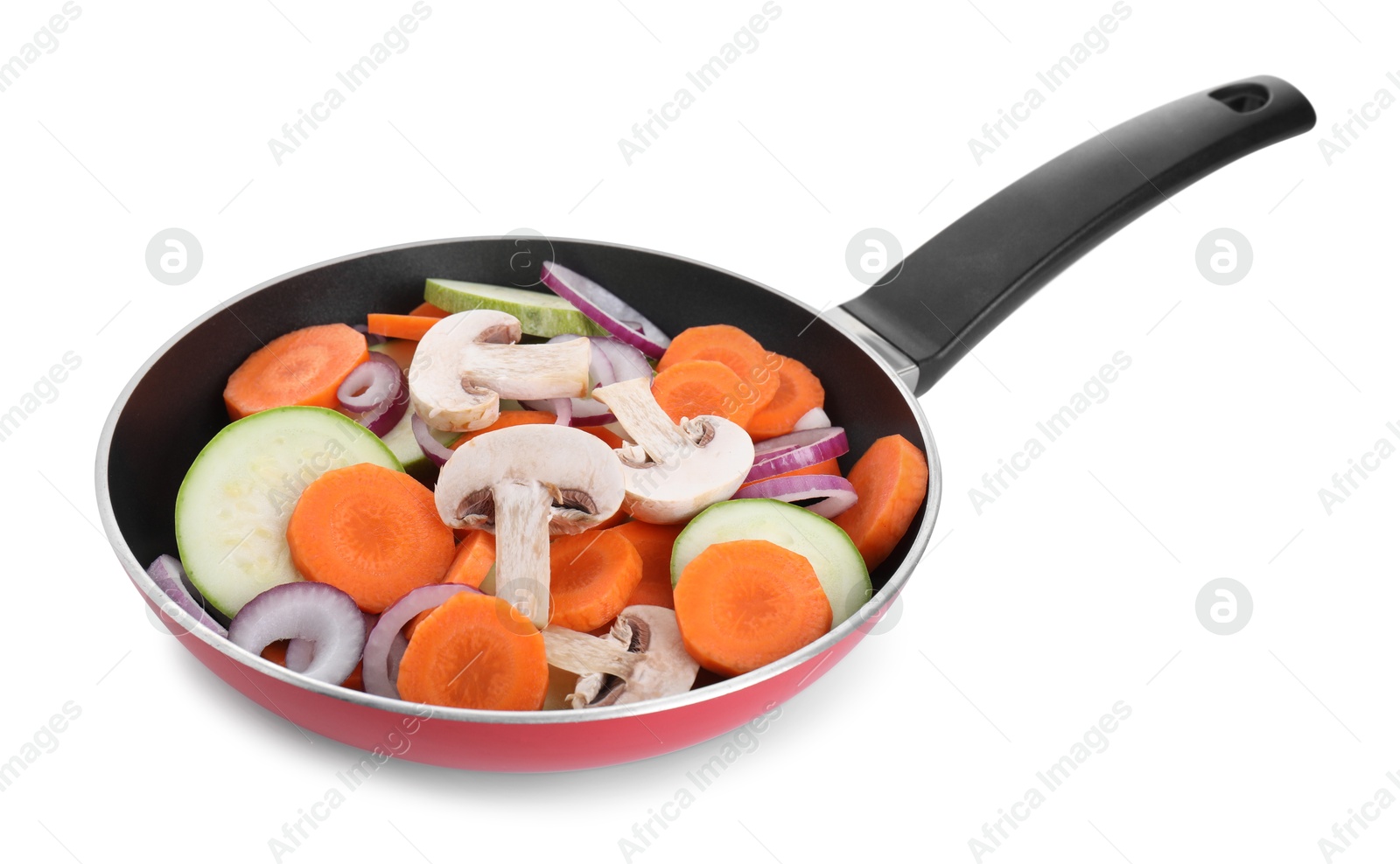 Photo of Frying pan with mix of fresh vegetables and mushrooms isolated on white