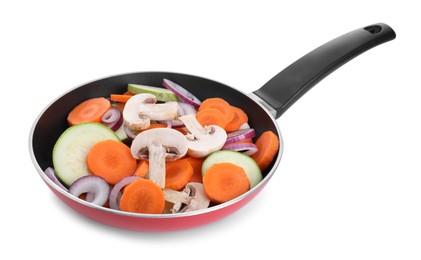 Photo of Frying pan with mix of fresh vegetables and mushrooms isolated on white