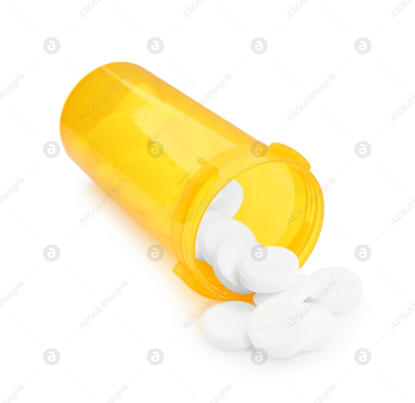 Photo of Medical bottle with antibiotic pills isolated on white