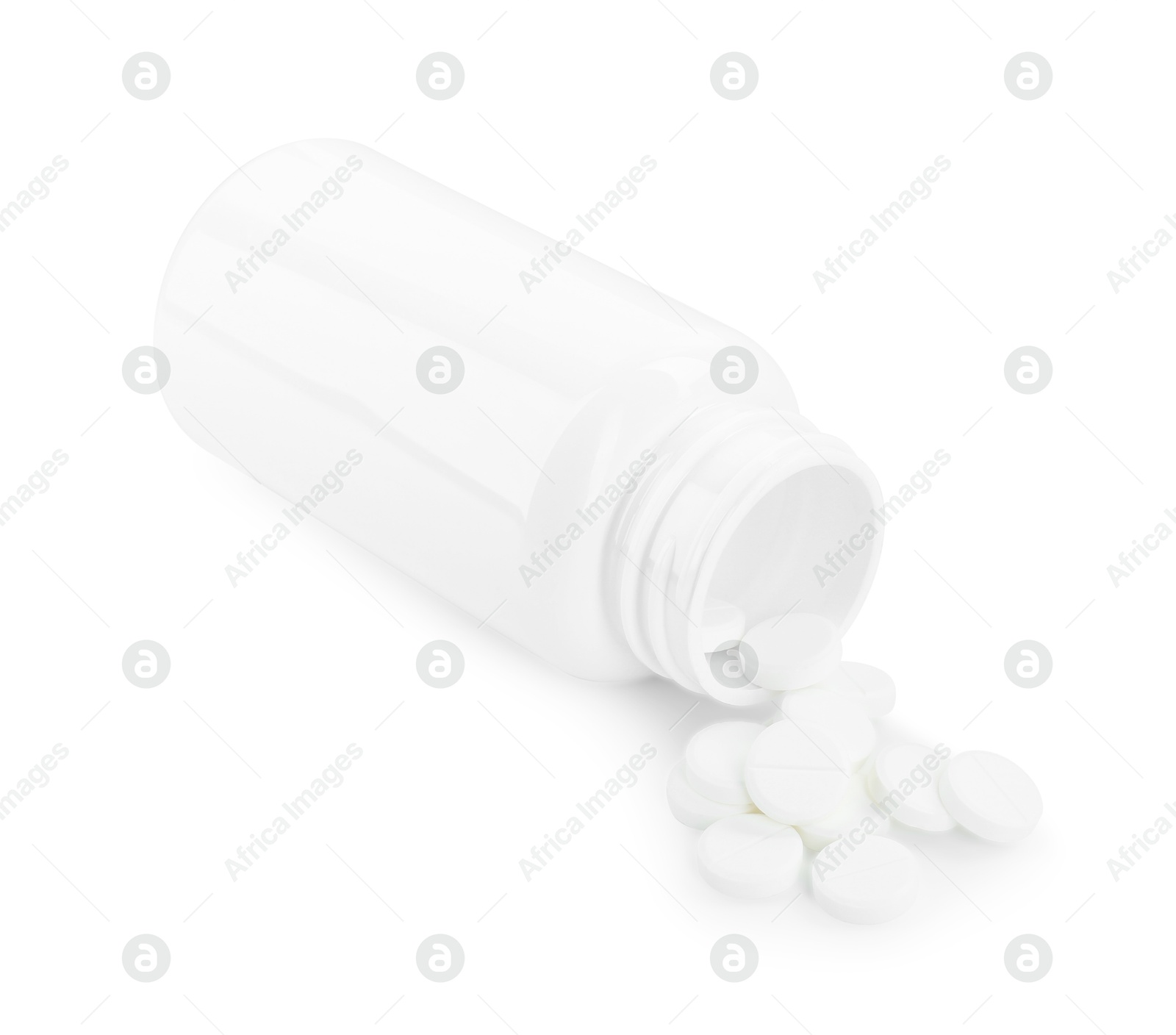 Photo of Medical bottle with antibiotic pills isolated on white