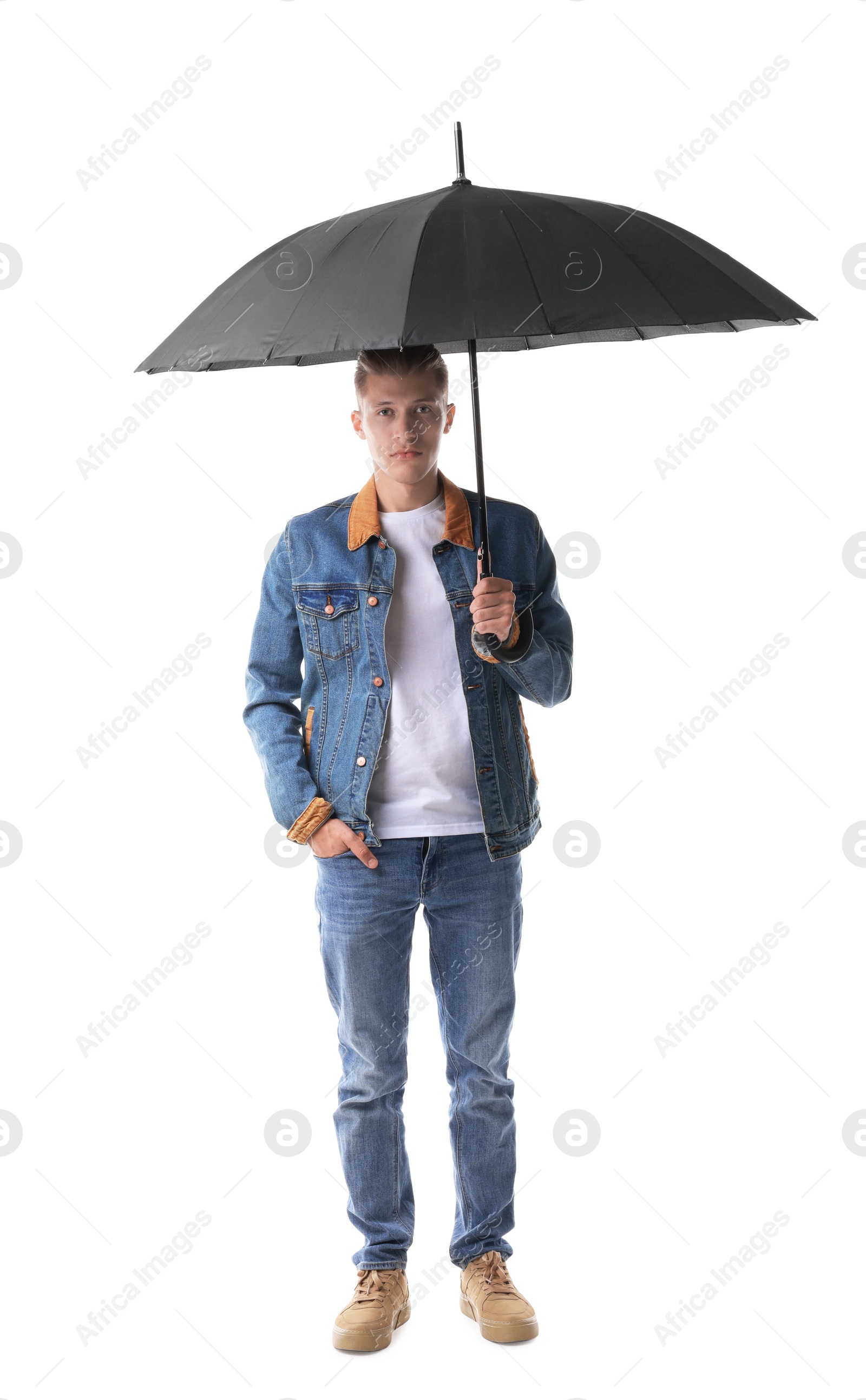 Photo of Man with black umbrella on white background