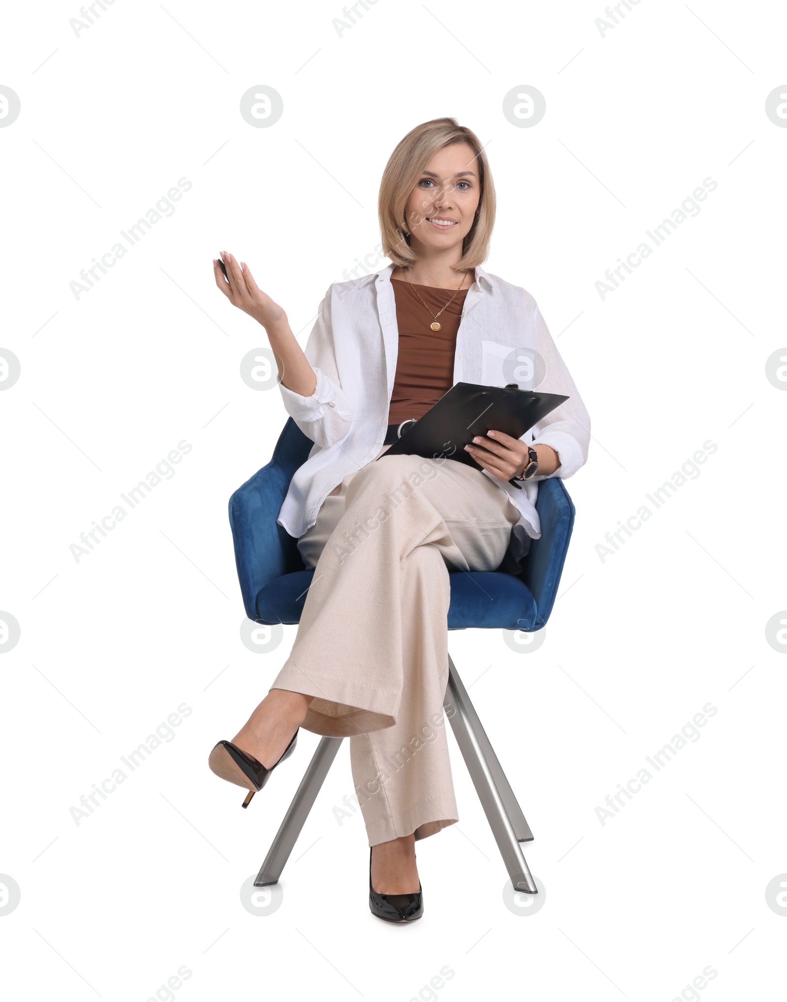 Photo of Professional psychologist with clipboard sitting on chair against white background