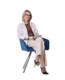 Photo of Professional psychologist with notebook sitting on chair against white background