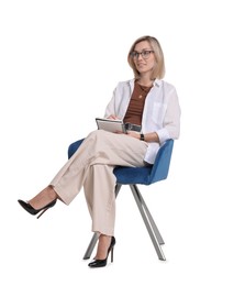 Photo of Professional psychologist with notebook sitting on chair against white background