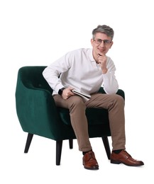 Photo of Professional psychologist with notebook sitting on chair against white background