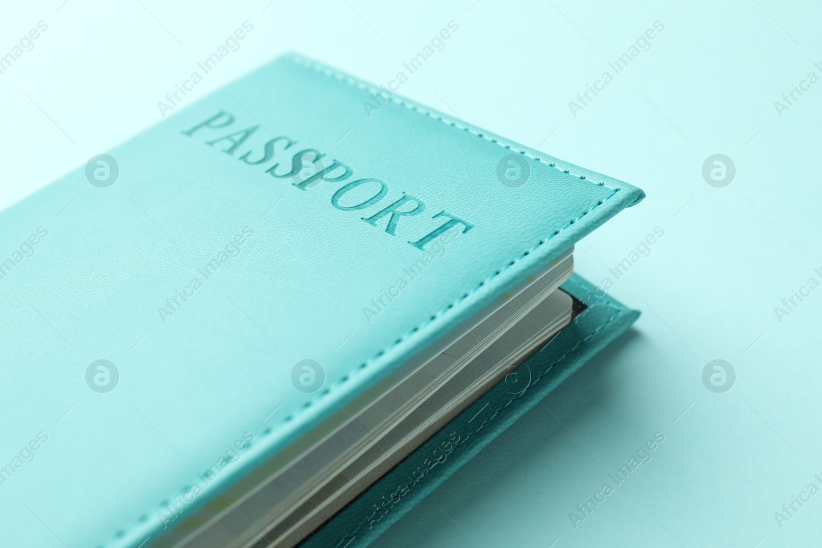 Photo of Passport in bright cover on light blue background, closeup