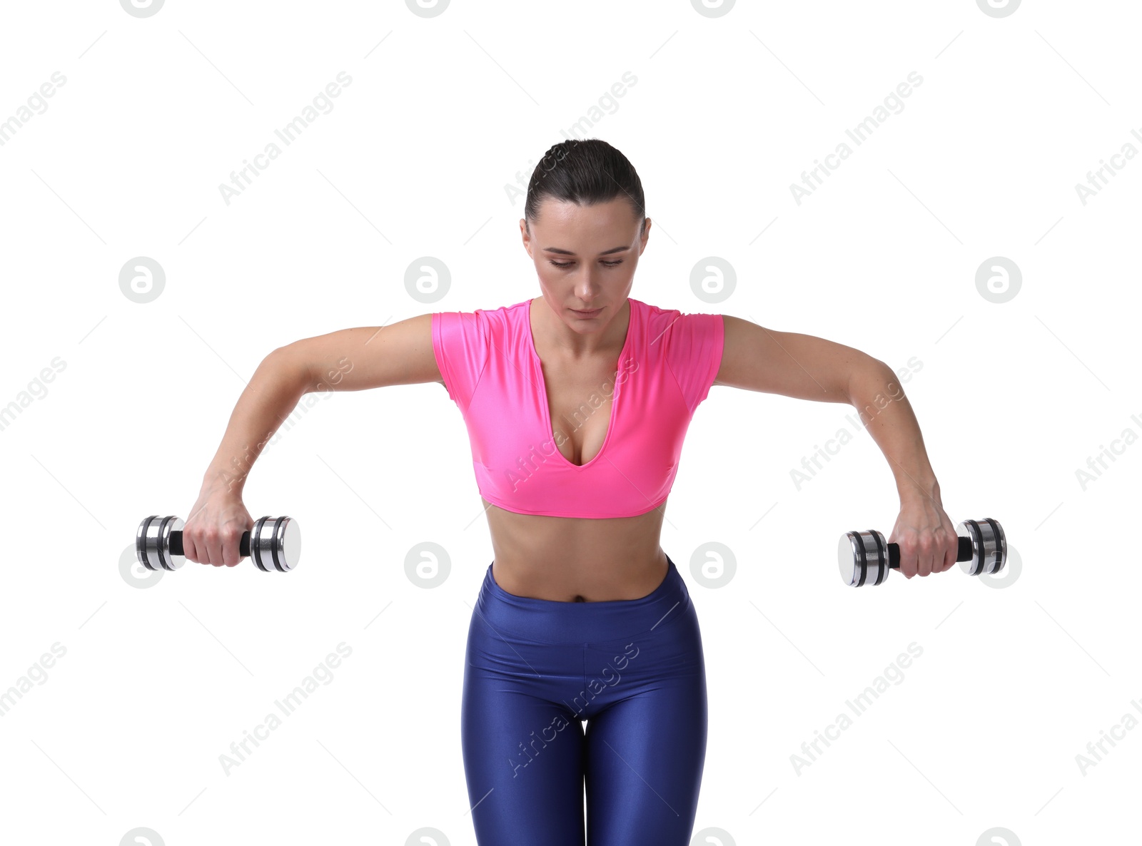 Photo of Woman exercising with dumbbells on white background