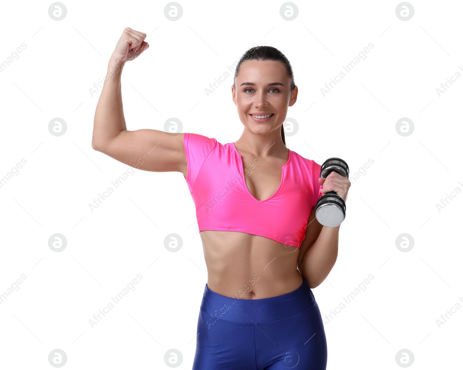 Photo of Woman exercising with dumbbell on white background