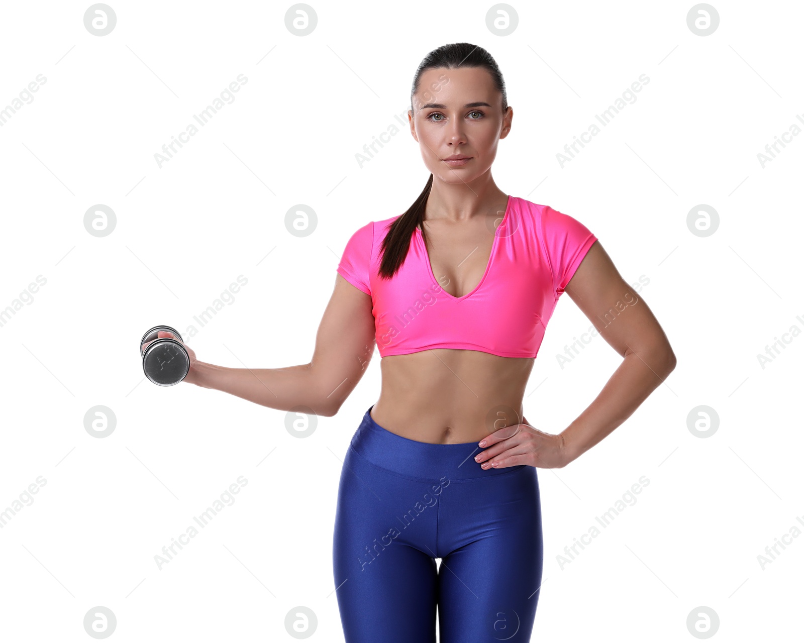 Photo of Woman exercising with dumbbell on white background