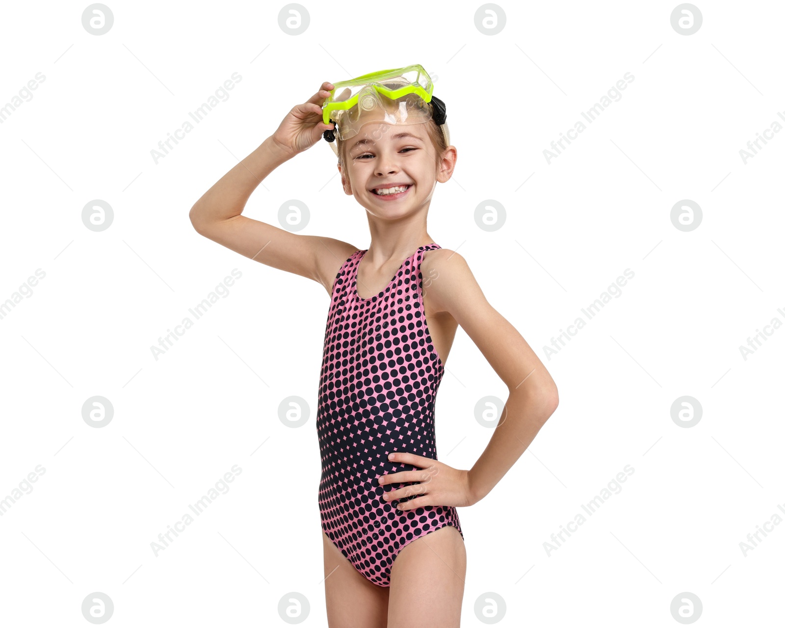 Photo of Happy girl in beachwear with diving mask on white background