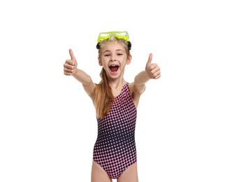 Photo of Happy girl in beachwear with diving mask showing thumbs up on white background