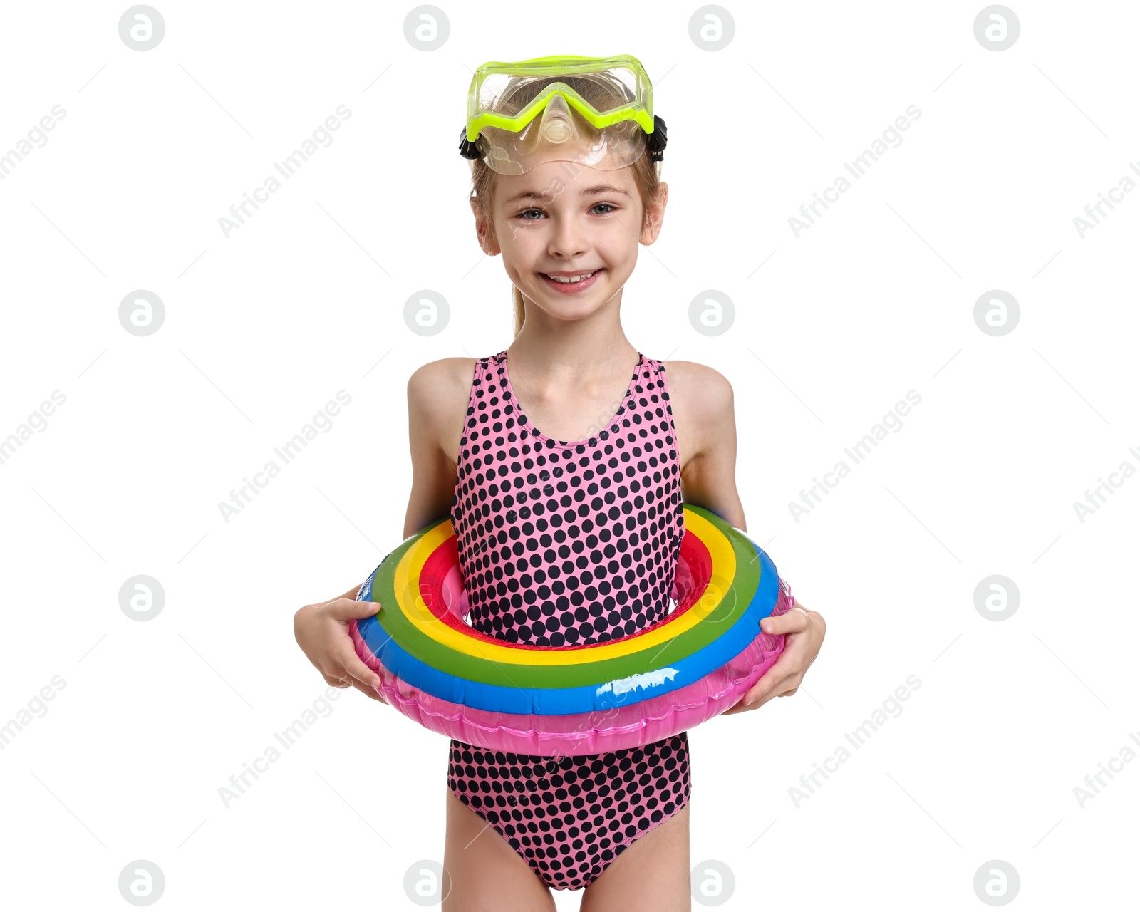 Photo of Happy girl in beachwear with diving mask and inflatable ring on white background