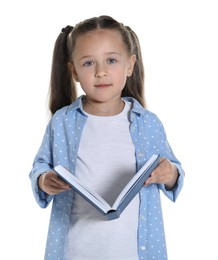 Photo of Learning alphabet. Little girl with book on white background