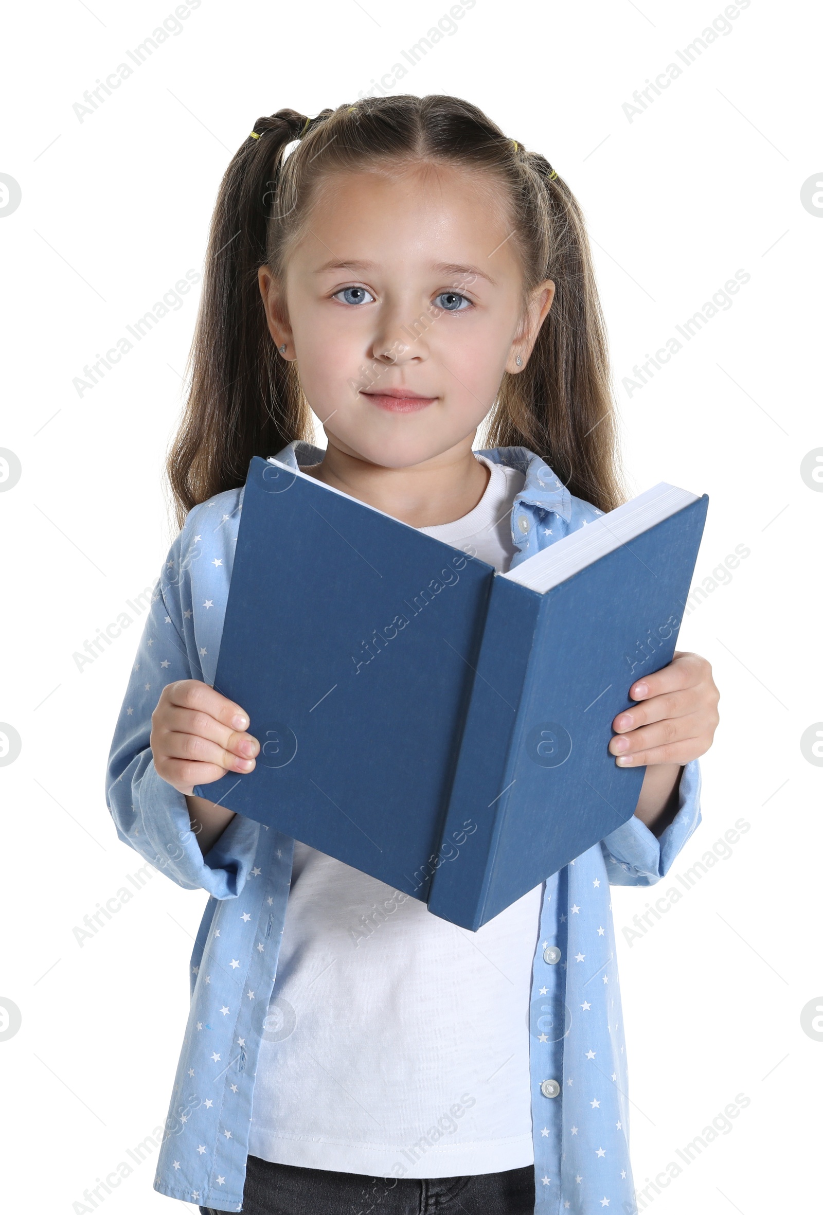 Photo of Learning alphabet. Little girl with book on white background