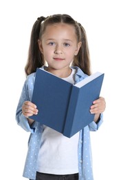 Photo of Learning alphabet. Little girl with book on white background