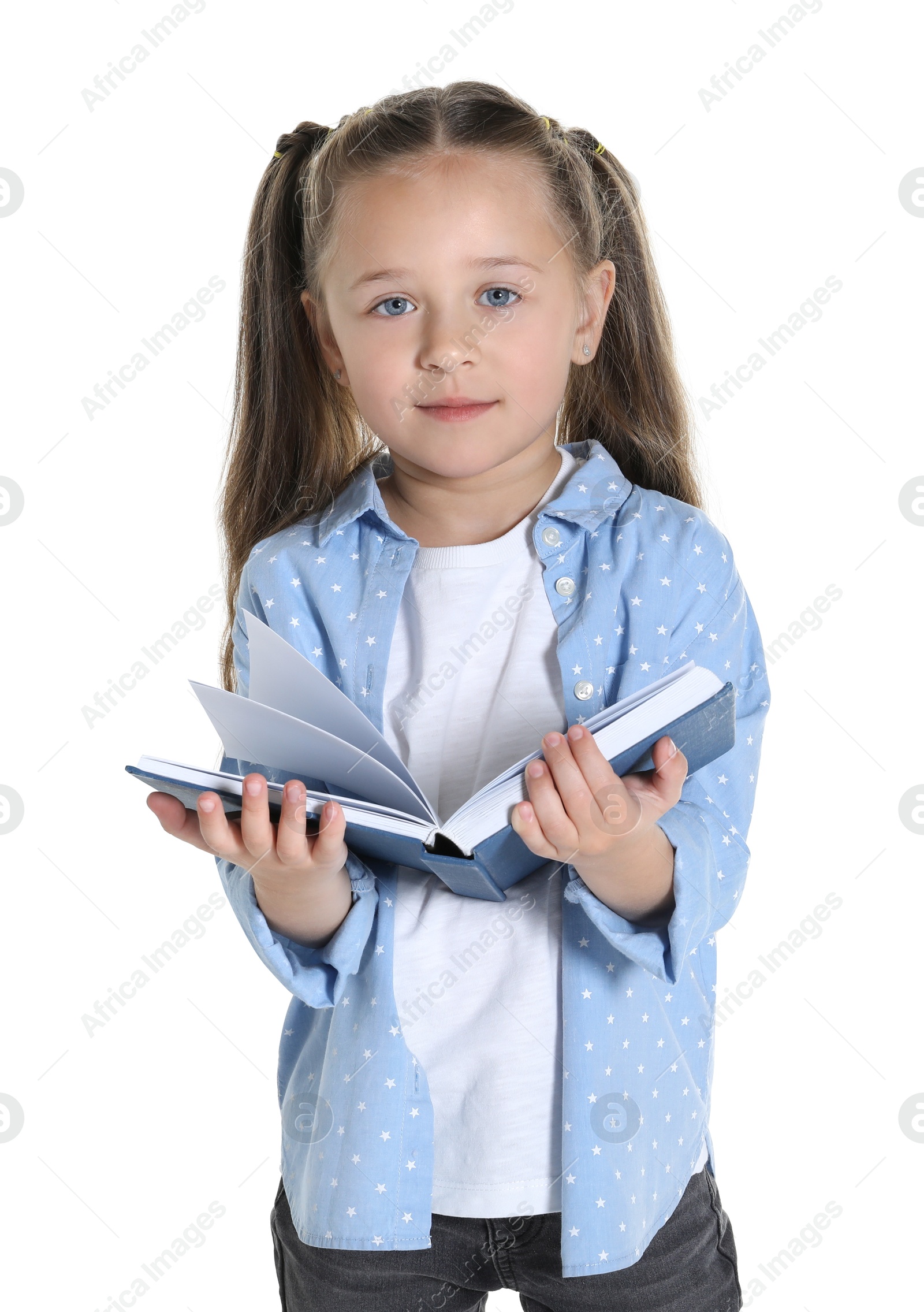 Photo of Learning alphabet. Little girl with book on white background