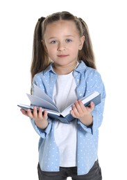 Photo of Learning alphabet. Little girl with book on white background