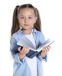 Photo of Learning alphabet. Little girl with book on white background