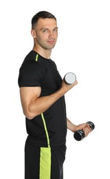 Man exercising with dumbbells on white background