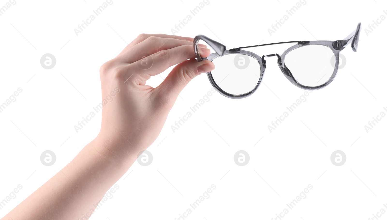 Photo of Woman holding glasses with stylish frame on white background, closeup