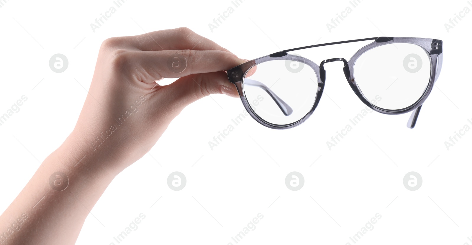 Photo of Woman holding glasses with stylish frame on white background, closeup