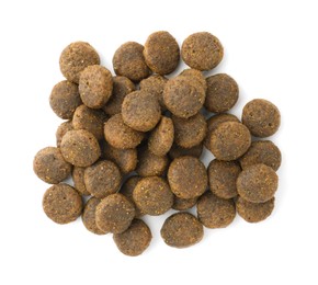 Photo of Pile of pet food isolated on white, top view