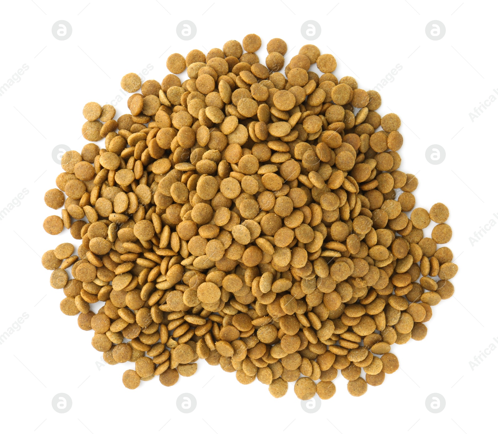 Photo of Pile of pet food isolated on white, top view