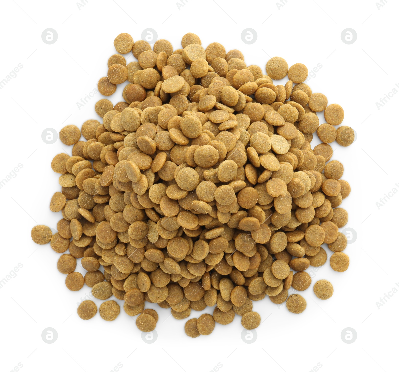 Photo of Pile of pet food isolated on white, top view