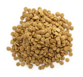 Photo of Pile of pet food isolated on white, top view