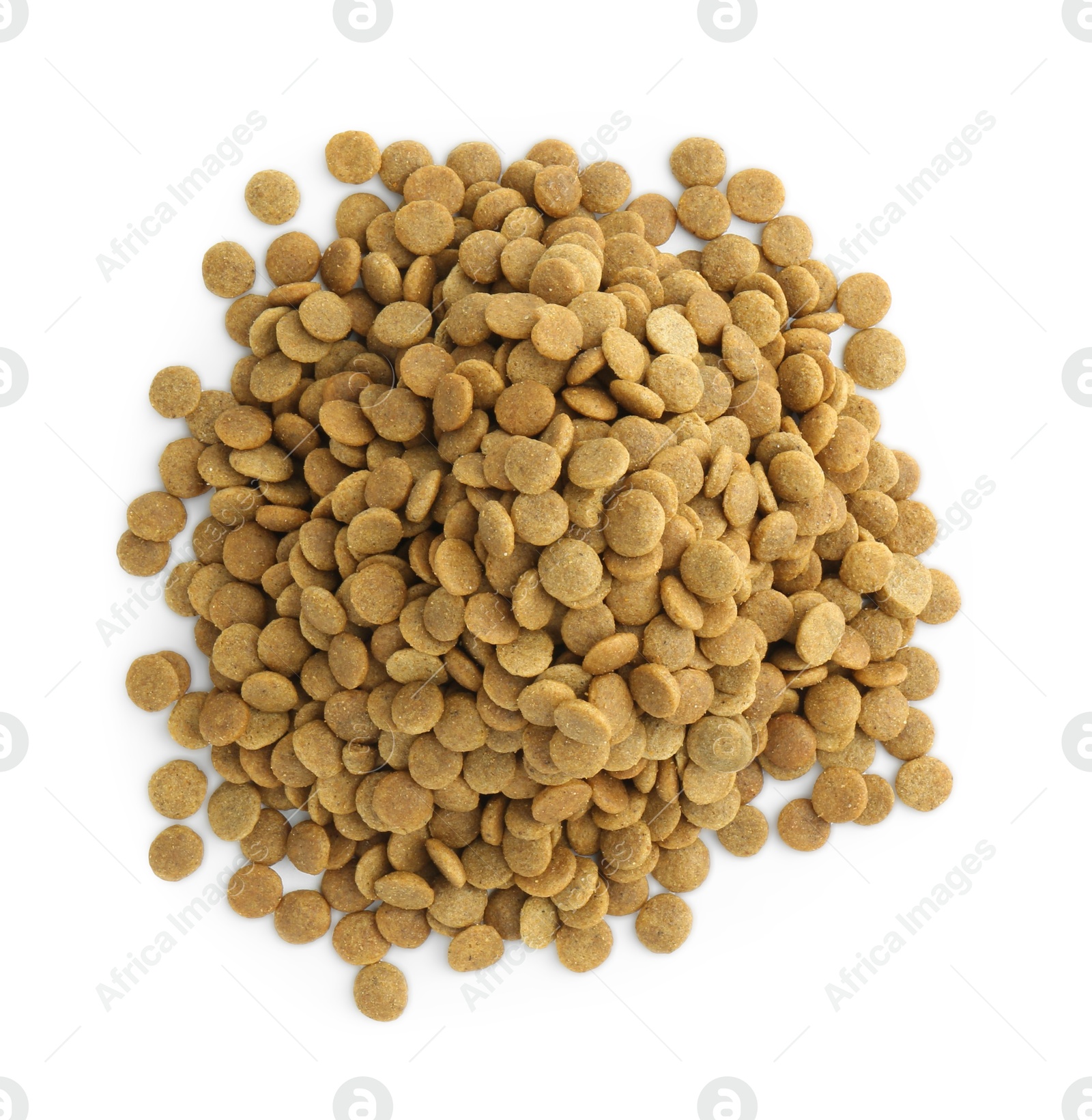 Photo of Pile of pet food isolated on white, top view