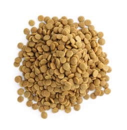 Photo of Pile of pet food isolated on white, top view