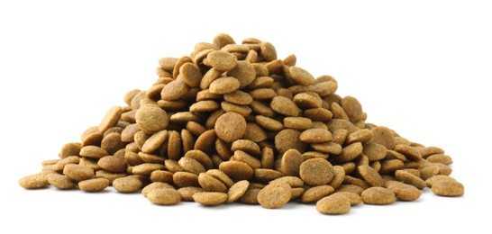 Photo of Pile of pet food isolated on white