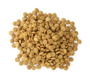 Photo of Pile of pet food isolated on white, top view