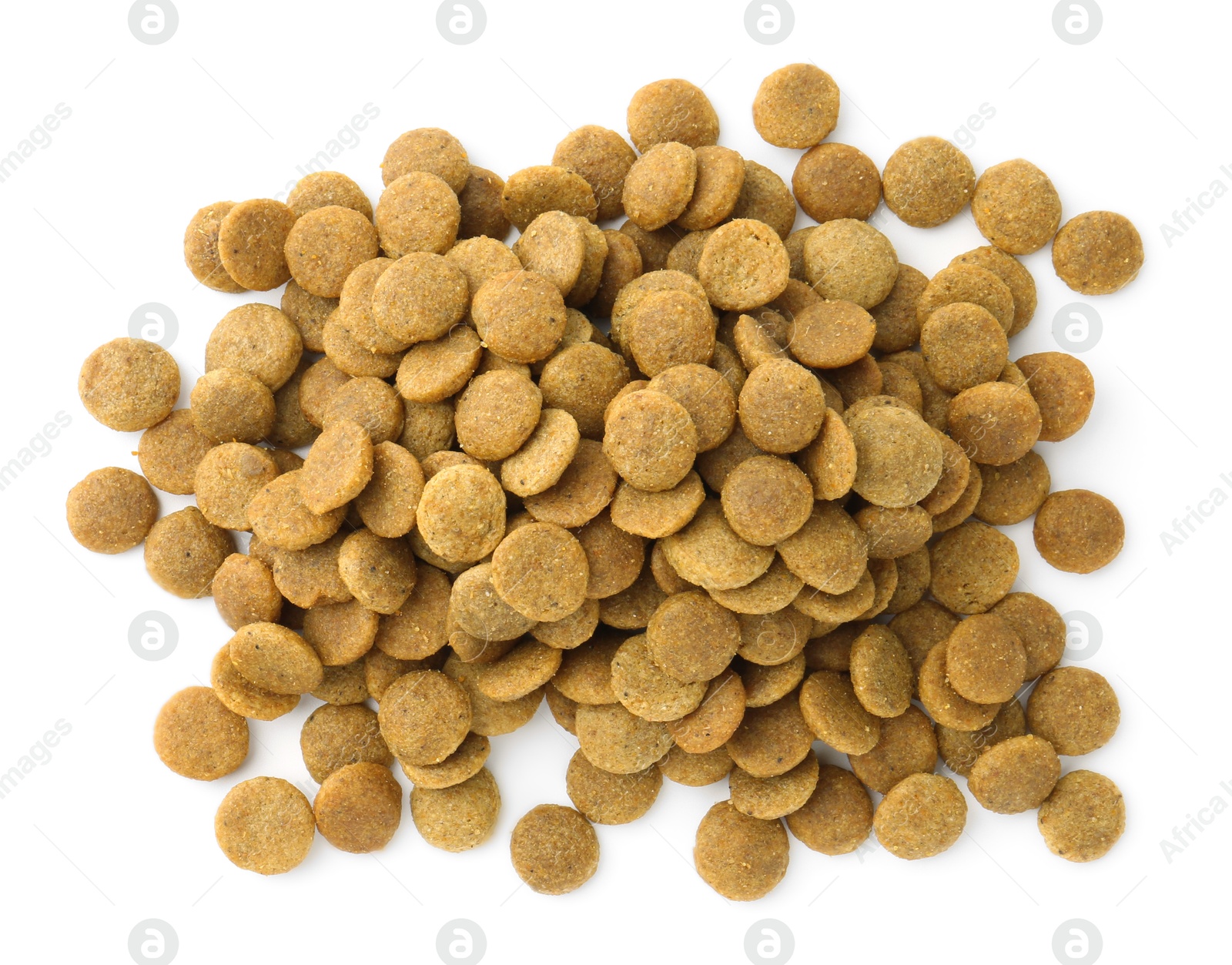 Photo of Pile of pet food isolated on white, top view