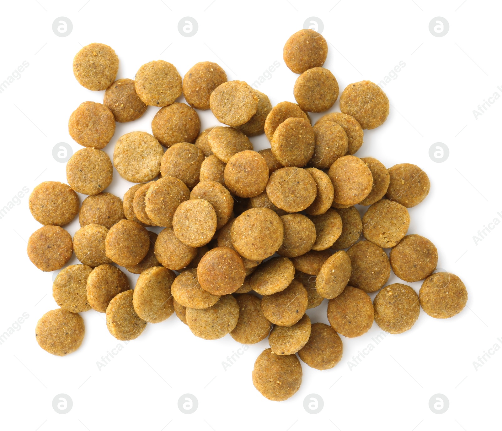 Photo of Pile of pet food isolated on white, top view