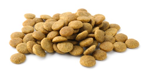 Photo of Pile of pet food isolated on white