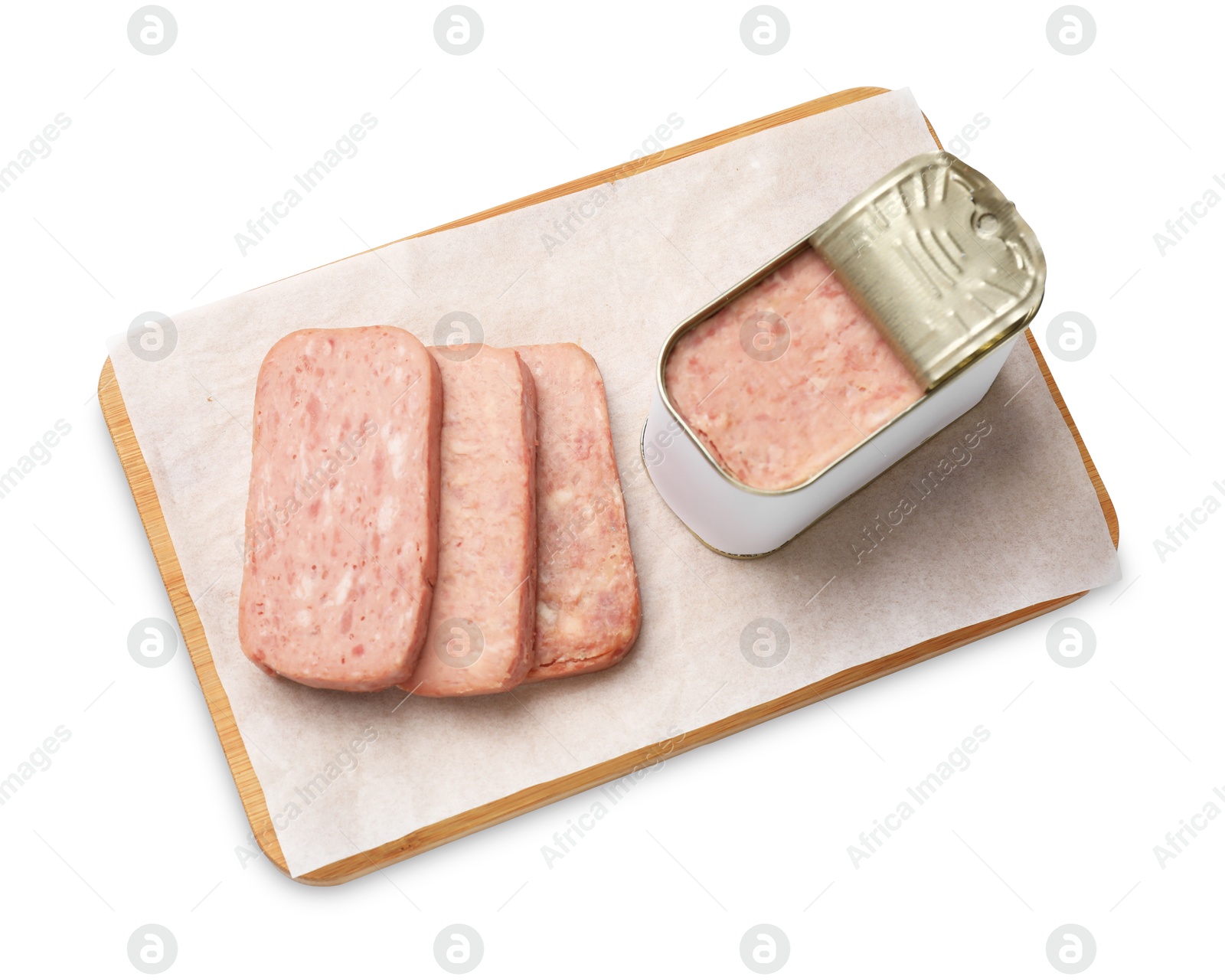 Photo of Canned meat in tin can isolated on white, top view