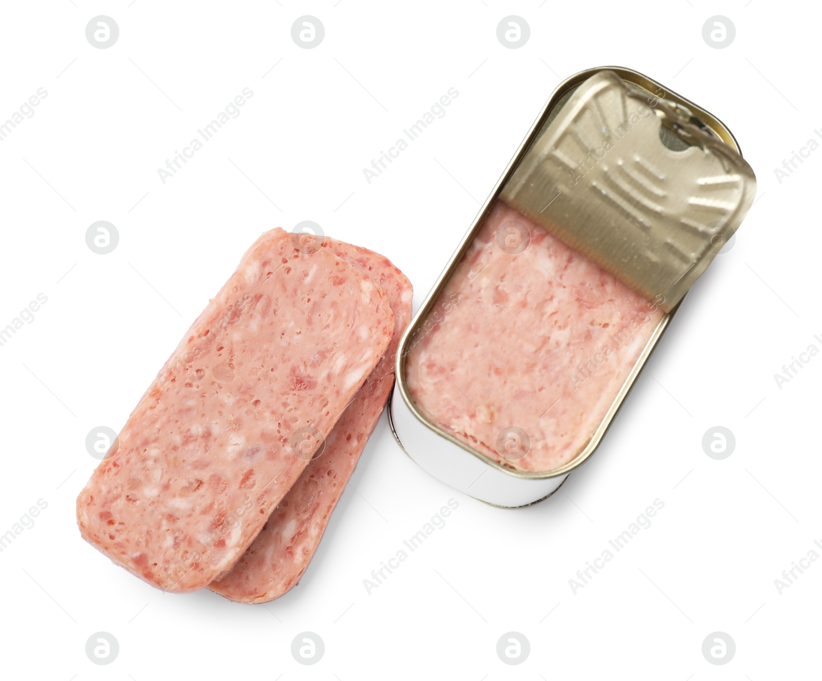 Photo of Canned meat in tin can isolated on white, top view