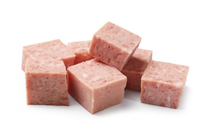 Photo of Pieces of canned meat isolated on white