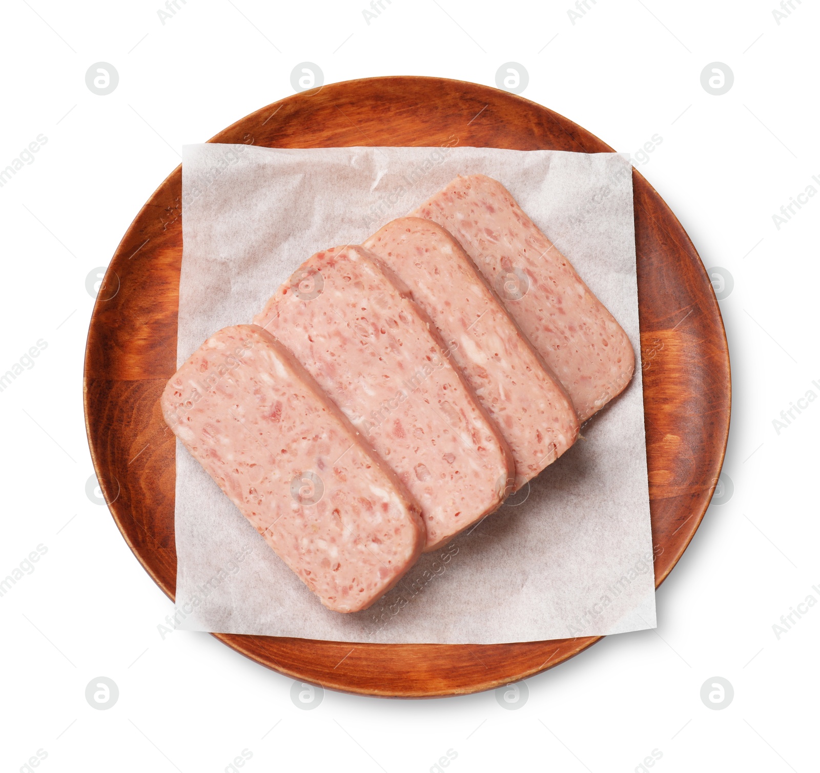 Photo of Pieces of canned meat isolated on white, top view