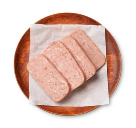 Photo of Pieces of canned meat isolated on white, top view