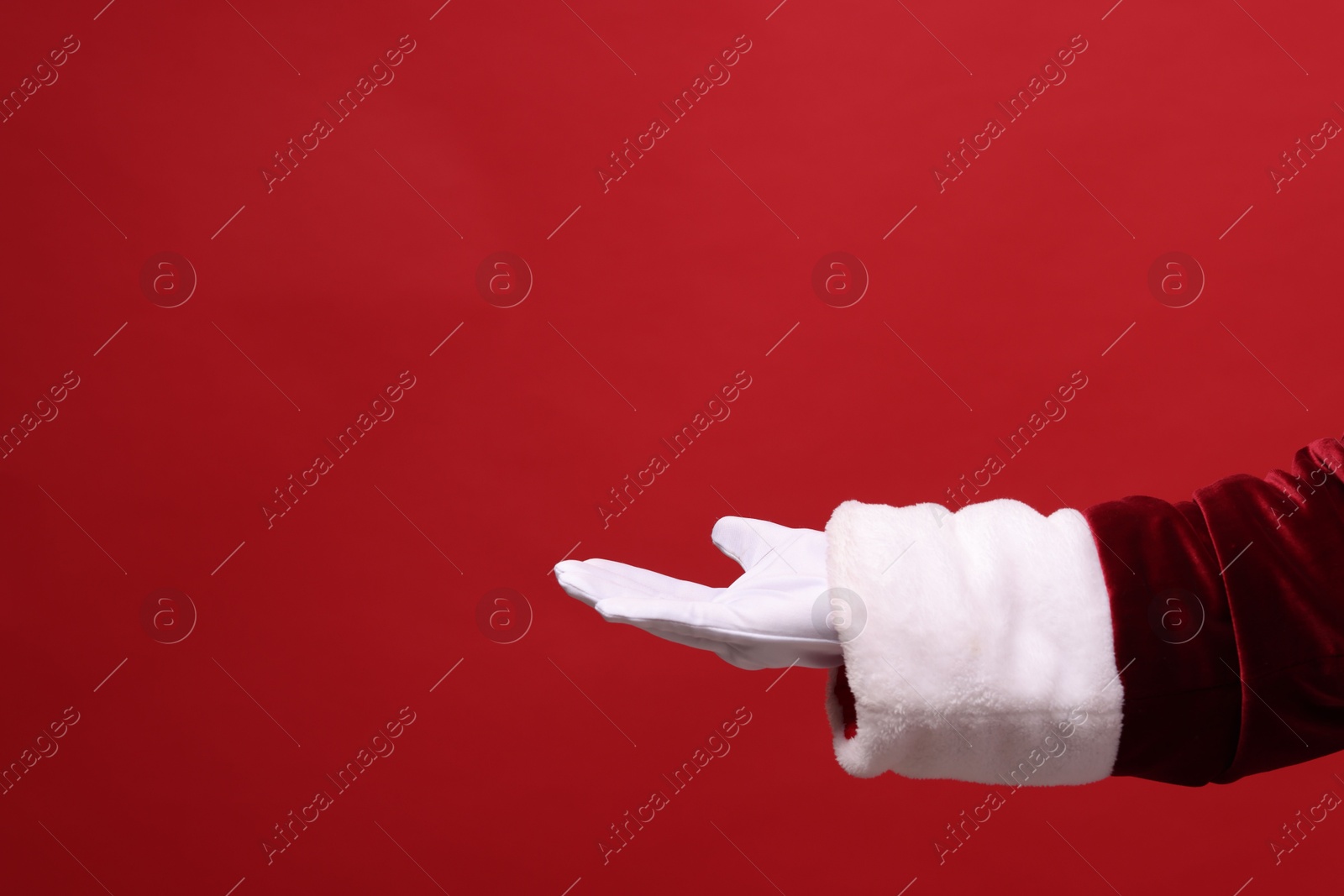 Photo of Santa Claus holding something on red background, closeup. Space for text