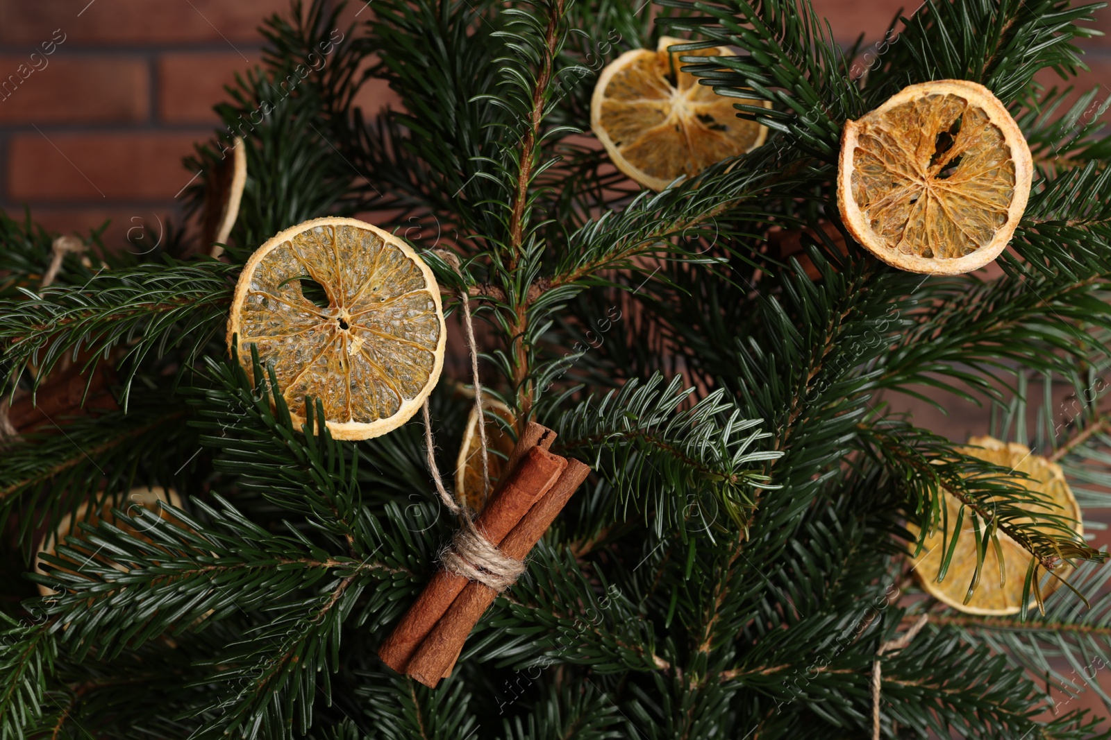 Photo of Beautiful Christmas composition of fir tree branches decorated with dried orange slices and cinnamon sticks against brick wall, closeup