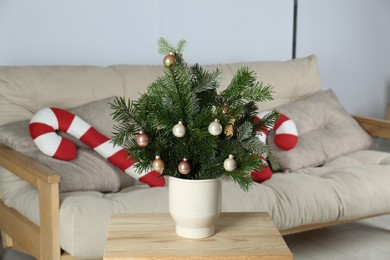 Decorated fir tree branches on table at home. Christmas decor