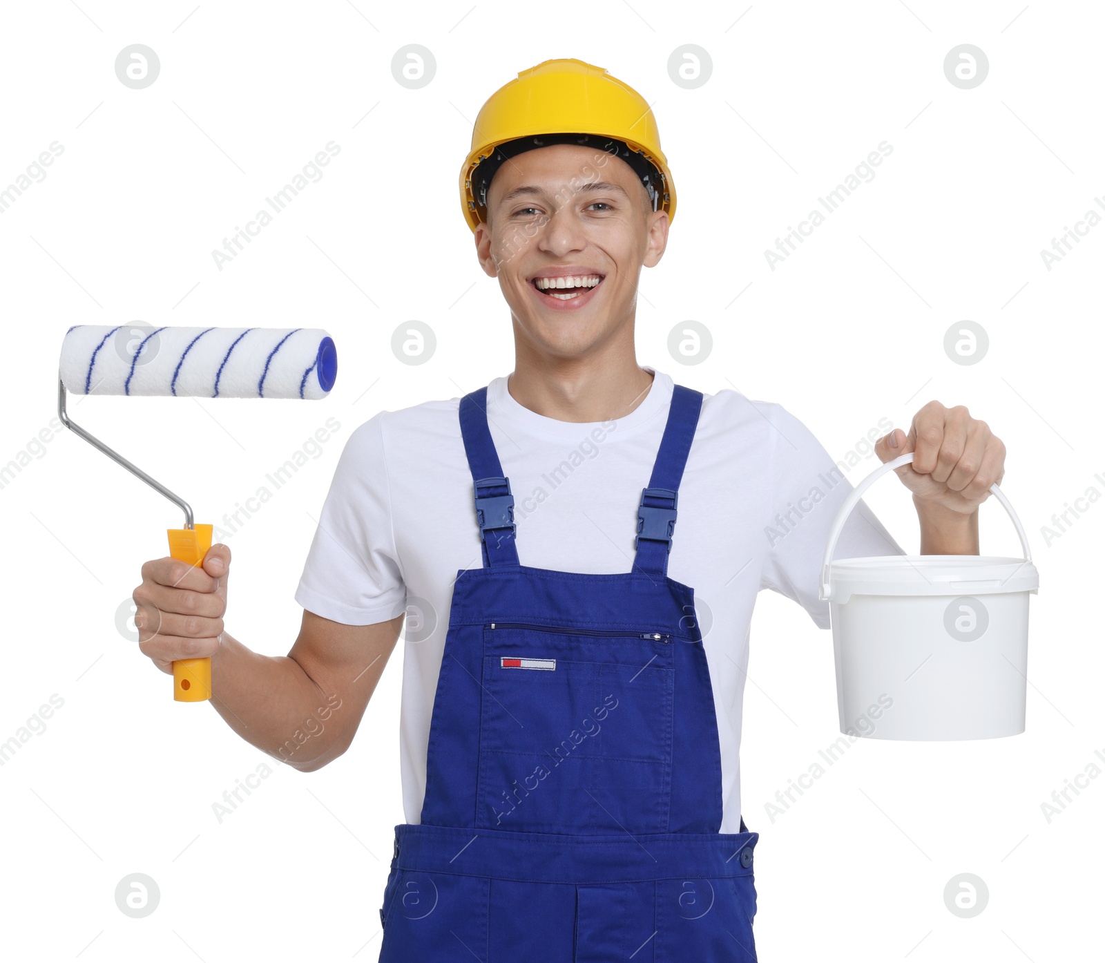 Photo of Portrait of young decorator with paint roller and bucket on white background