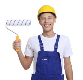 Photo of Portrait of young decorator with paint roller on white background